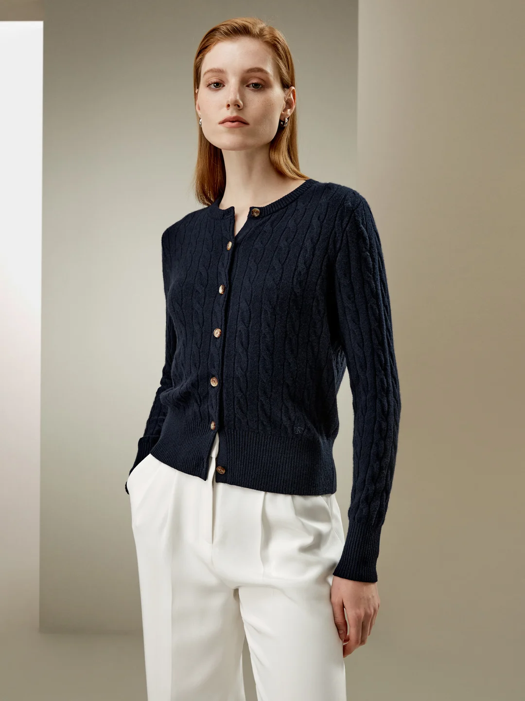 LILYSILK Cardigan Blanc Col Ras Du Cou En Tricot Côtelé 100% Bébé Cachemire Élégance Intemporelle Et Style Sophistiqué L