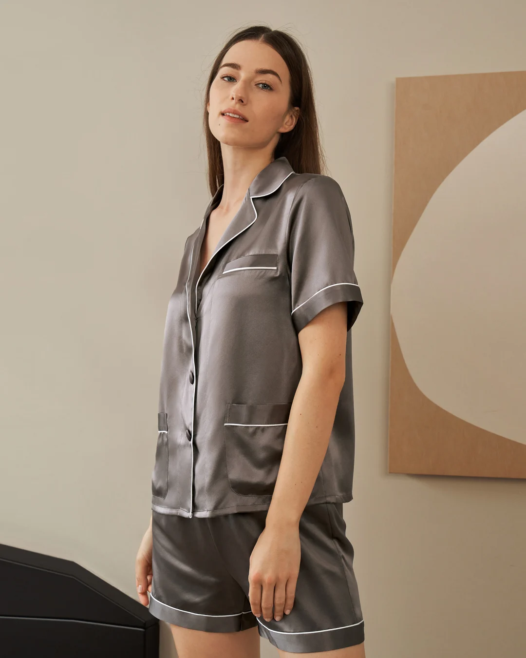 LILYSILK Ensemble Pyjama En Soie Femme Bleu Marine Avec Passepoil Contrasté Et Poches 100% Soie Pure Léger Et Résistant Aux Rides XS