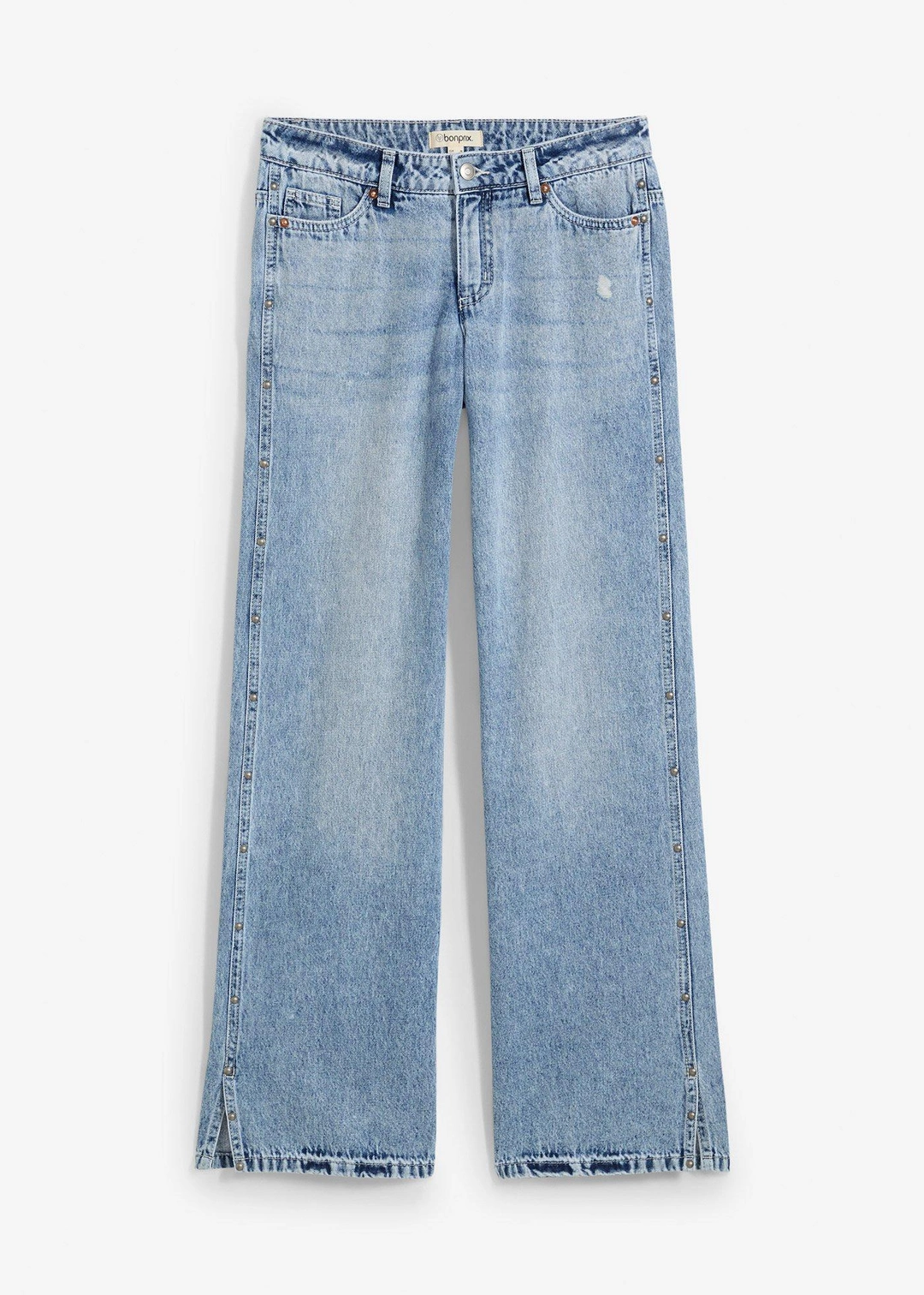 Jean droit et ample, taille mi-haute, peu extensible