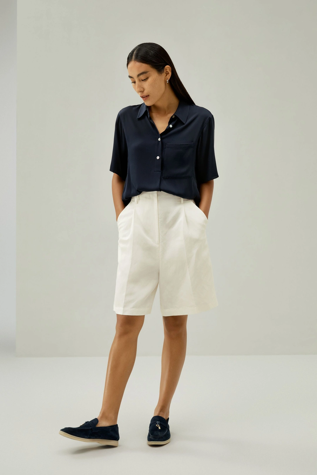 LILYSILK Chemisiers En Soie Poche Latérale Discrète 100 % Soie Double Joe Sophistiqué Et Élégant Style D'Affaires Bleu Minuit L