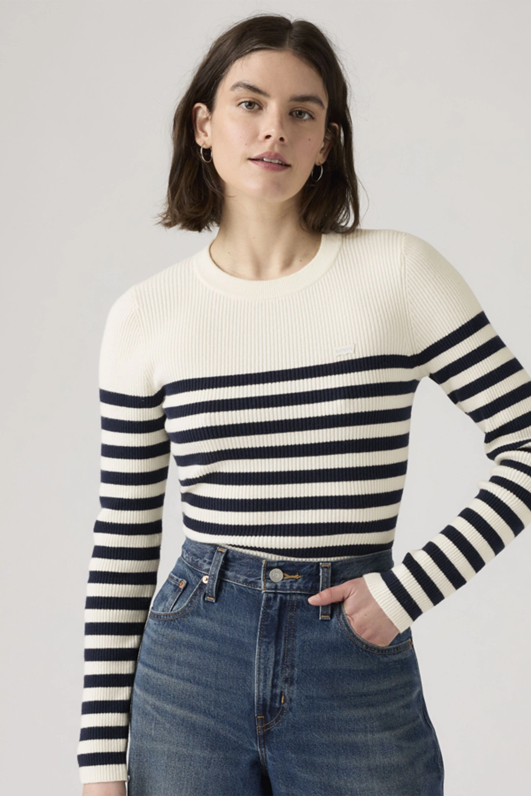 Levi's Pull Over Col Rond Maille Côtelée - Femme - Bleu / Adrienne Stripe Egret Rib - XS