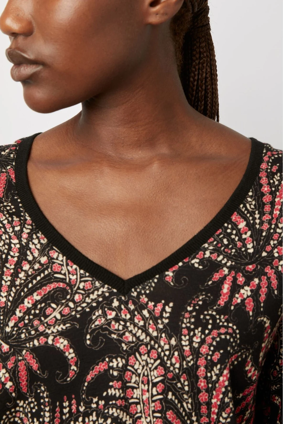 T-shirt imprimé à col V et manches longues - ADELINA - Noir