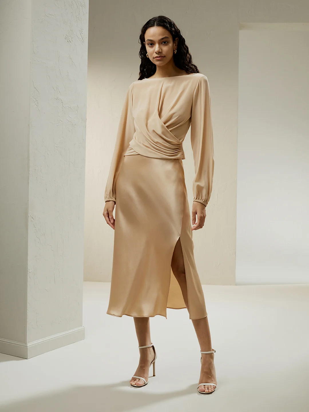 LILYSILK Chemise En Soie Femme Or Pâle Manches Bouffantes Avec Poignets Serrés Plis Et Les Coupes Spectaculaires Décontracté Et Professionnel 40
