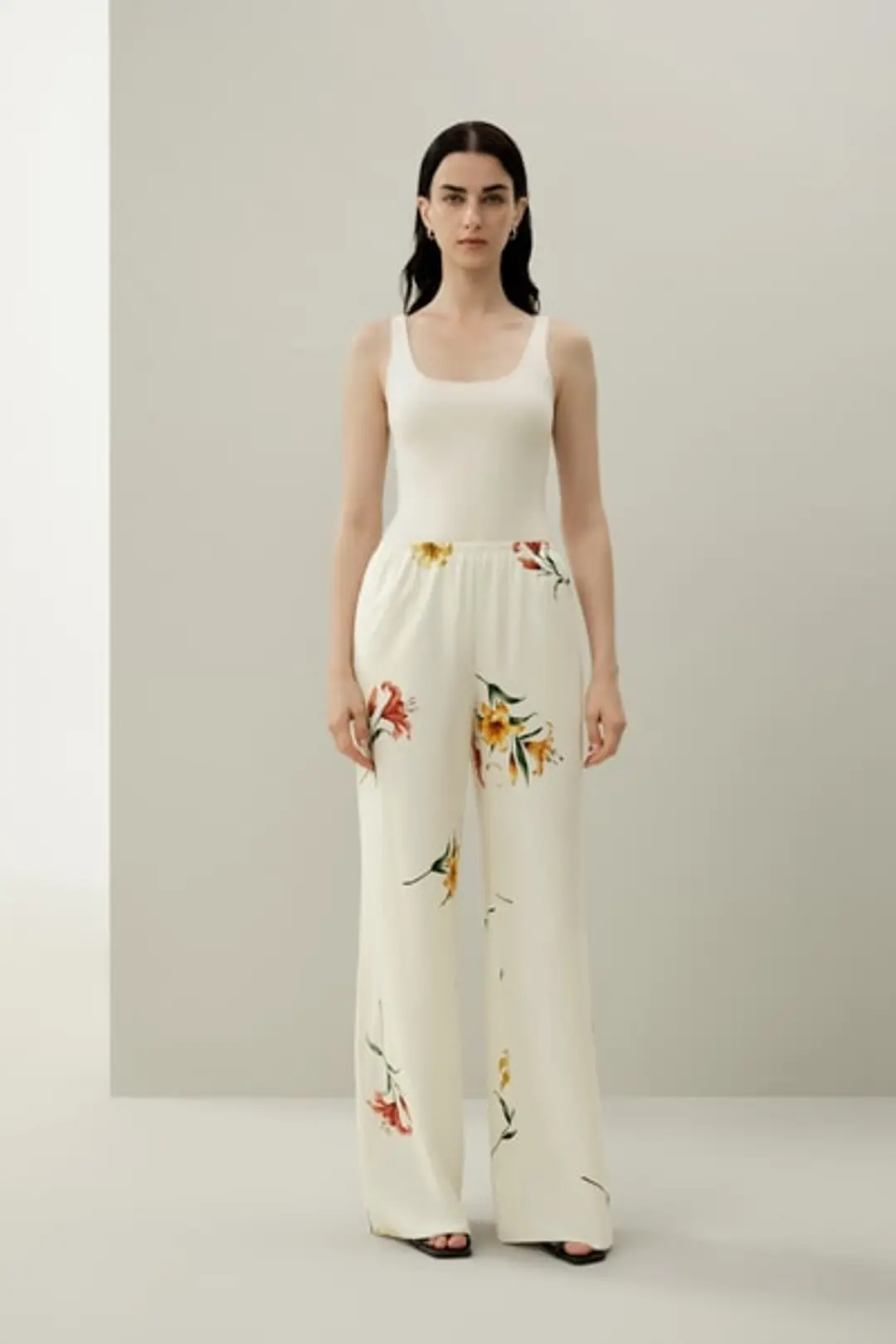 Pantalon Luxueux Jambes Larges Imprimé Lys Soie à Enfiler | Respirant