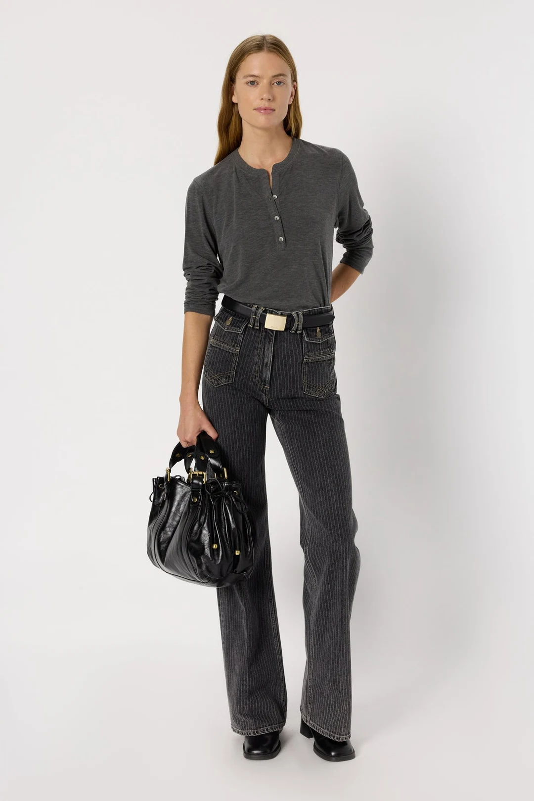 T-shirt chiné à col tunisien - HUGUE - Gris Chiné