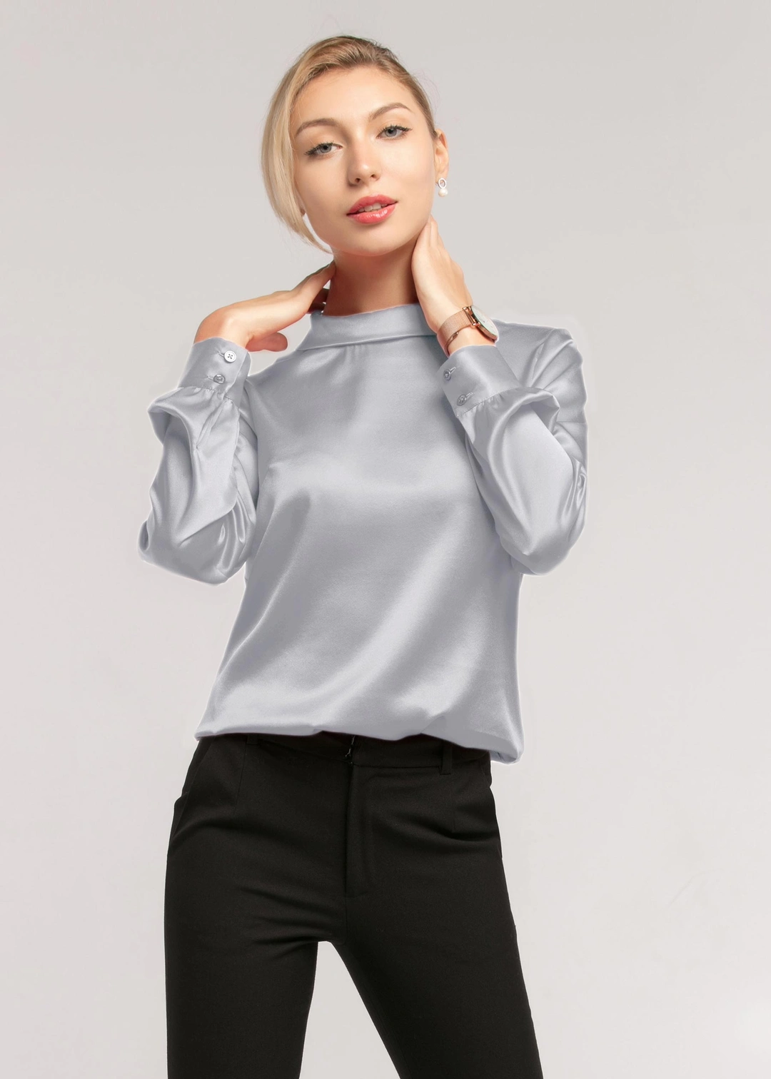 LILYSILK Chemisiers En Soie Femme Col Montant, Manches Longues Soie Extensible De Qualité Température Réglable Chemises Argenté XS