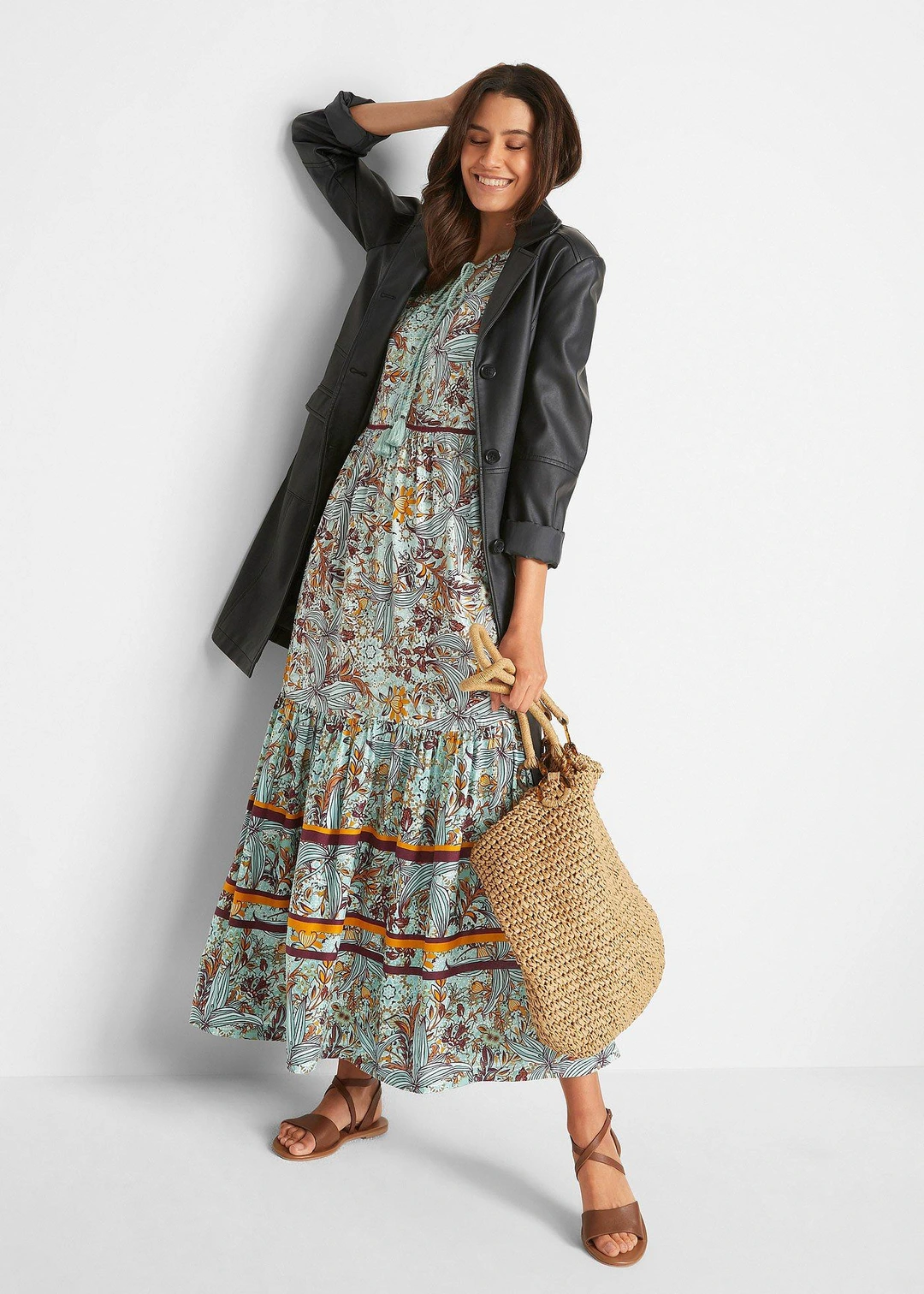 Robe longue tissée avec imprimé bordure