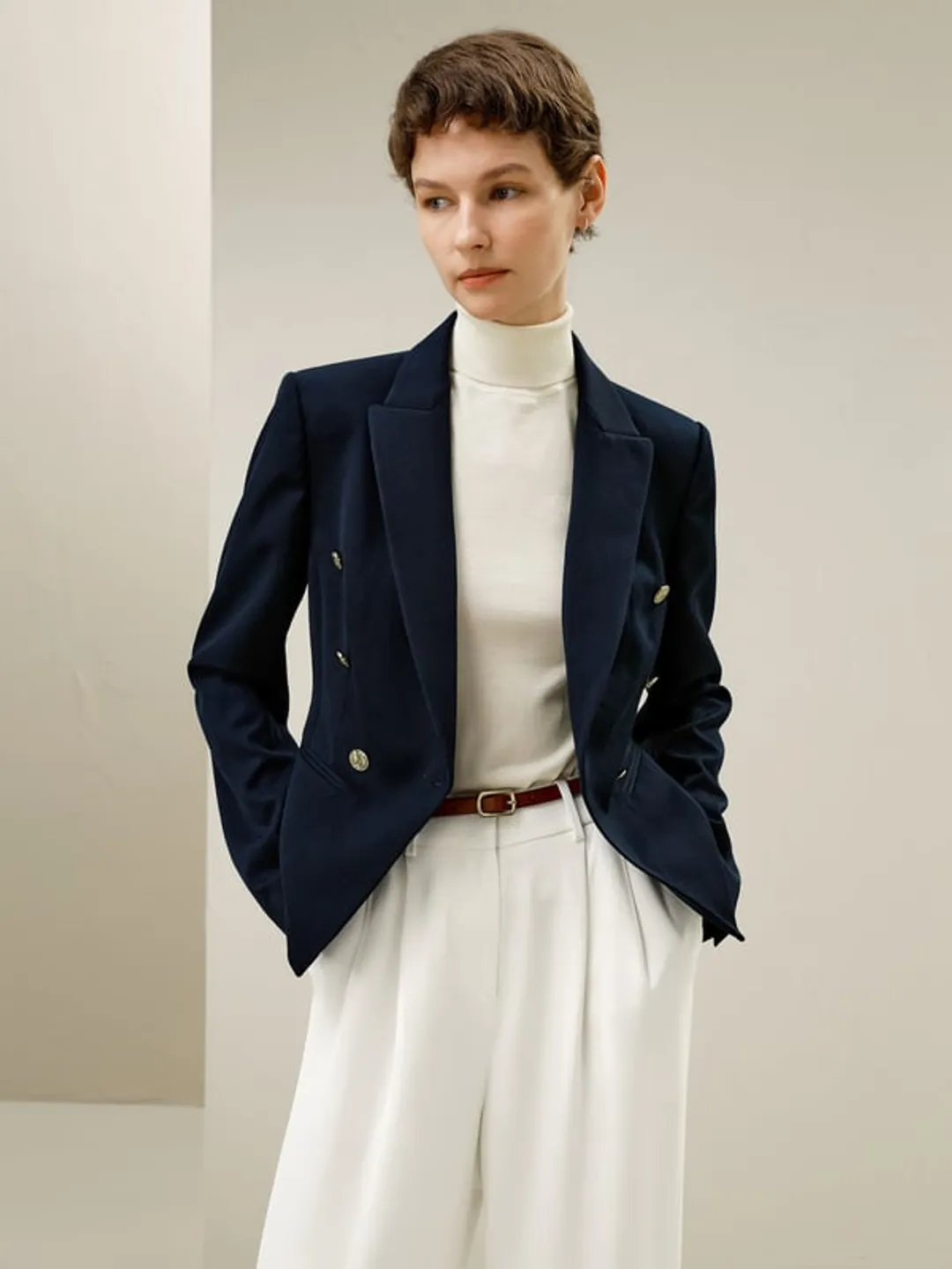 LILYSILK Blazer Ajusté Femme Laine Bleu Marine T.34 Double Boutonnage Court Chic et Élégant