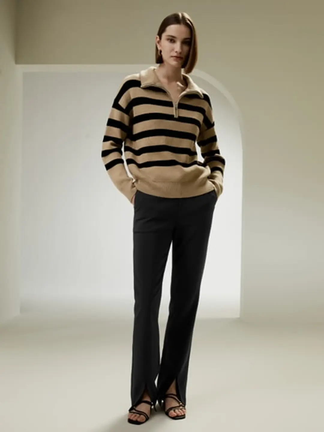 LILYSILK Pull Femme En Laine Camel À Rayures Noires Style Décontracté À Épaules Tombantes 100% Laine Mérinos Ultra Fine Incroyablement Doux Et Chaud S