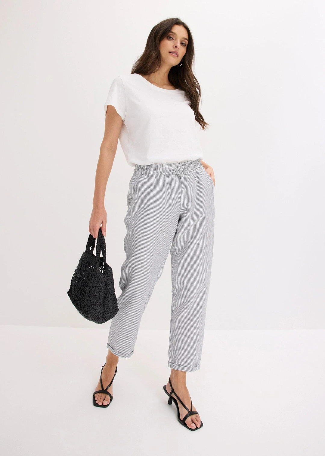 Pantalon en lin mélangé, taille élastiquée - 2