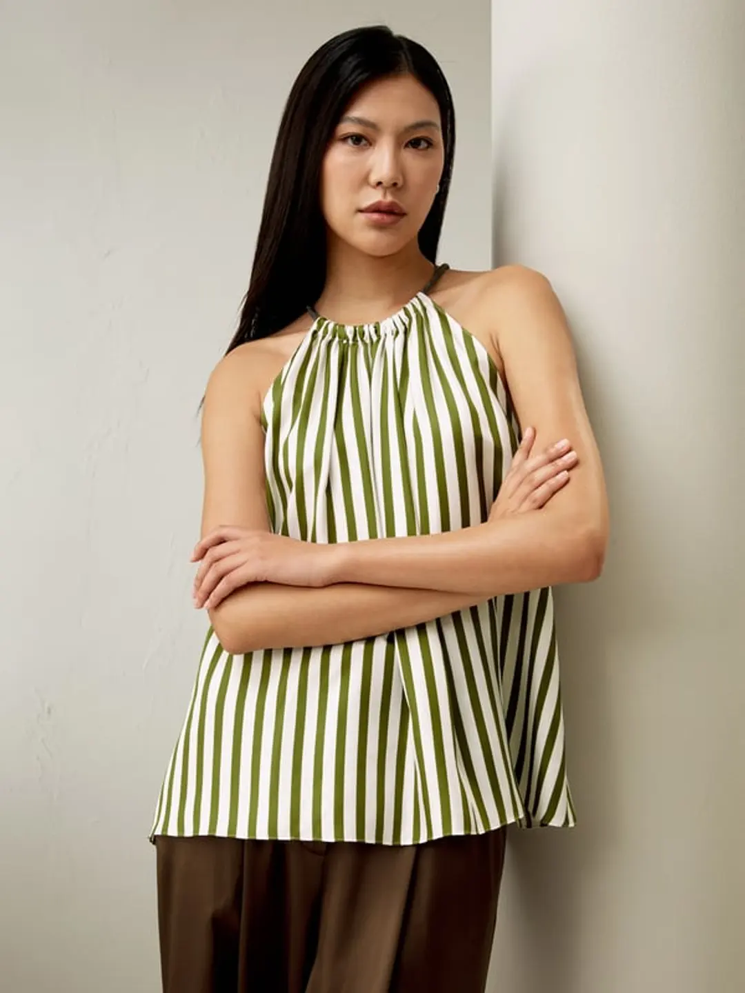LILYSILK Top Femme Élégant Soie Twill Rayures Vert-Blanc-Pinstripe M