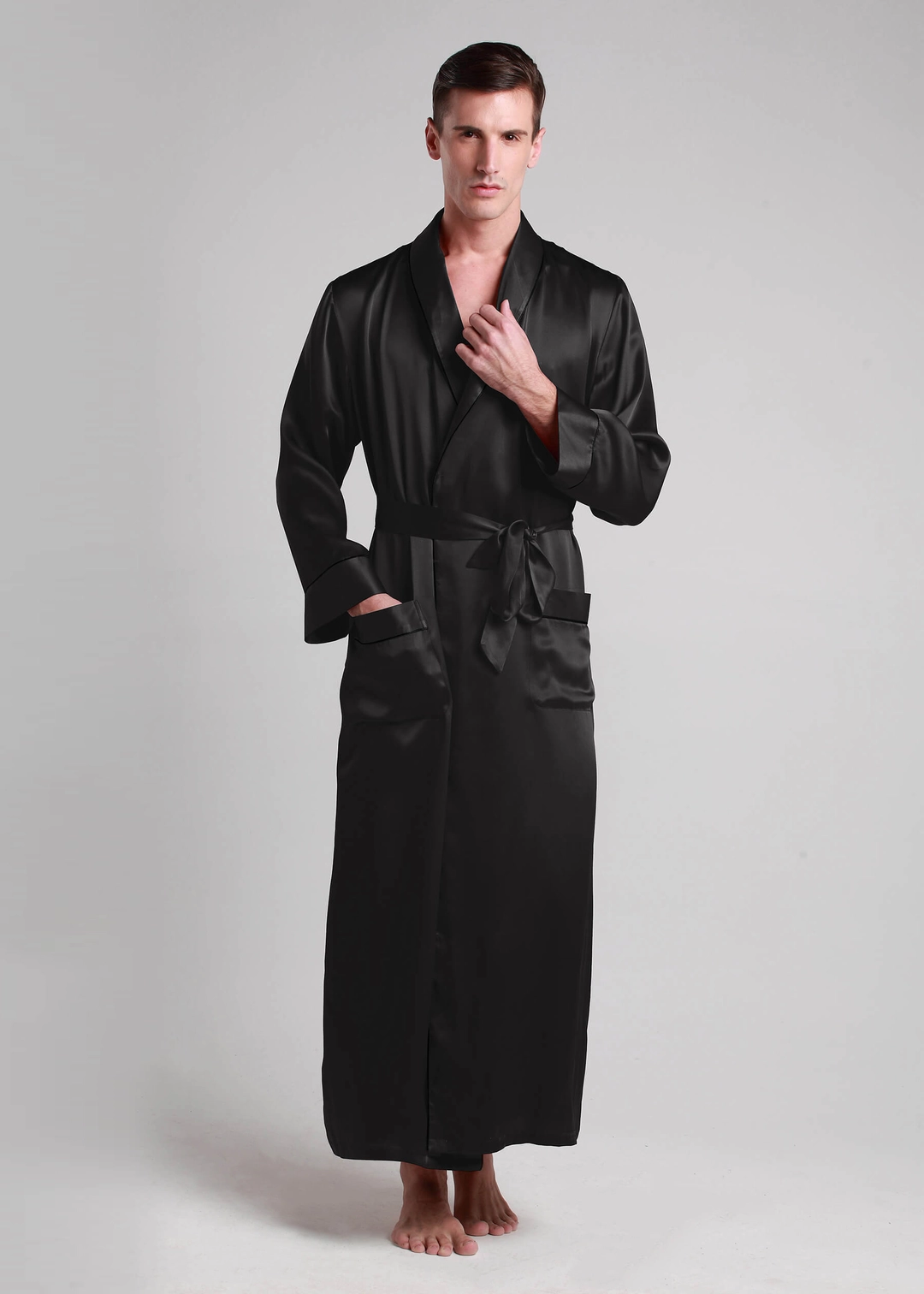 LILYSILK Robe De Chambre Longue Soie Homme Noir Col Rabattu, Style Naturel 100% Soie De Mûrier Respirant Super Léger Robe De Chambre XS