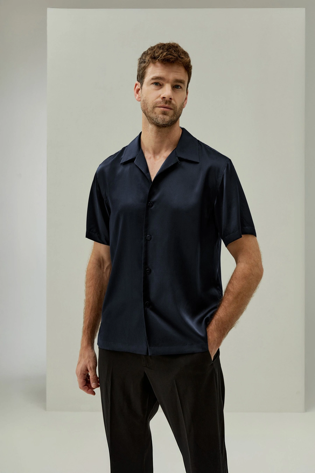 LILYSILK Blouse Soie Homme Luxe Col À Revers 100% Soie De Mûrier Modèle Classique Peut Être Essayé Bleu Minuit Xl