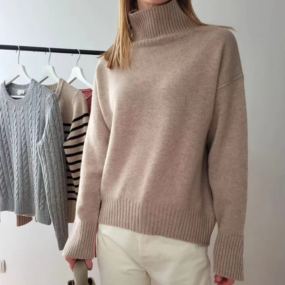LILYSILK Pull Cachemire Femme Beige Col Roulé, Coupe Décontractée 100 % Cachemire Doux Pour La Peau Et Respirant M