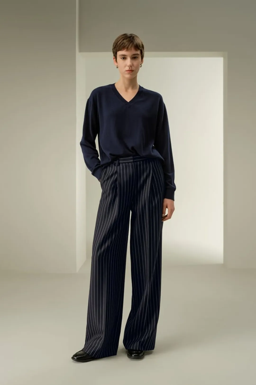 LILYSILK Pantalon Large Rayé Laine Femme Élégant Confortable Avec Poches Marine Taille 44