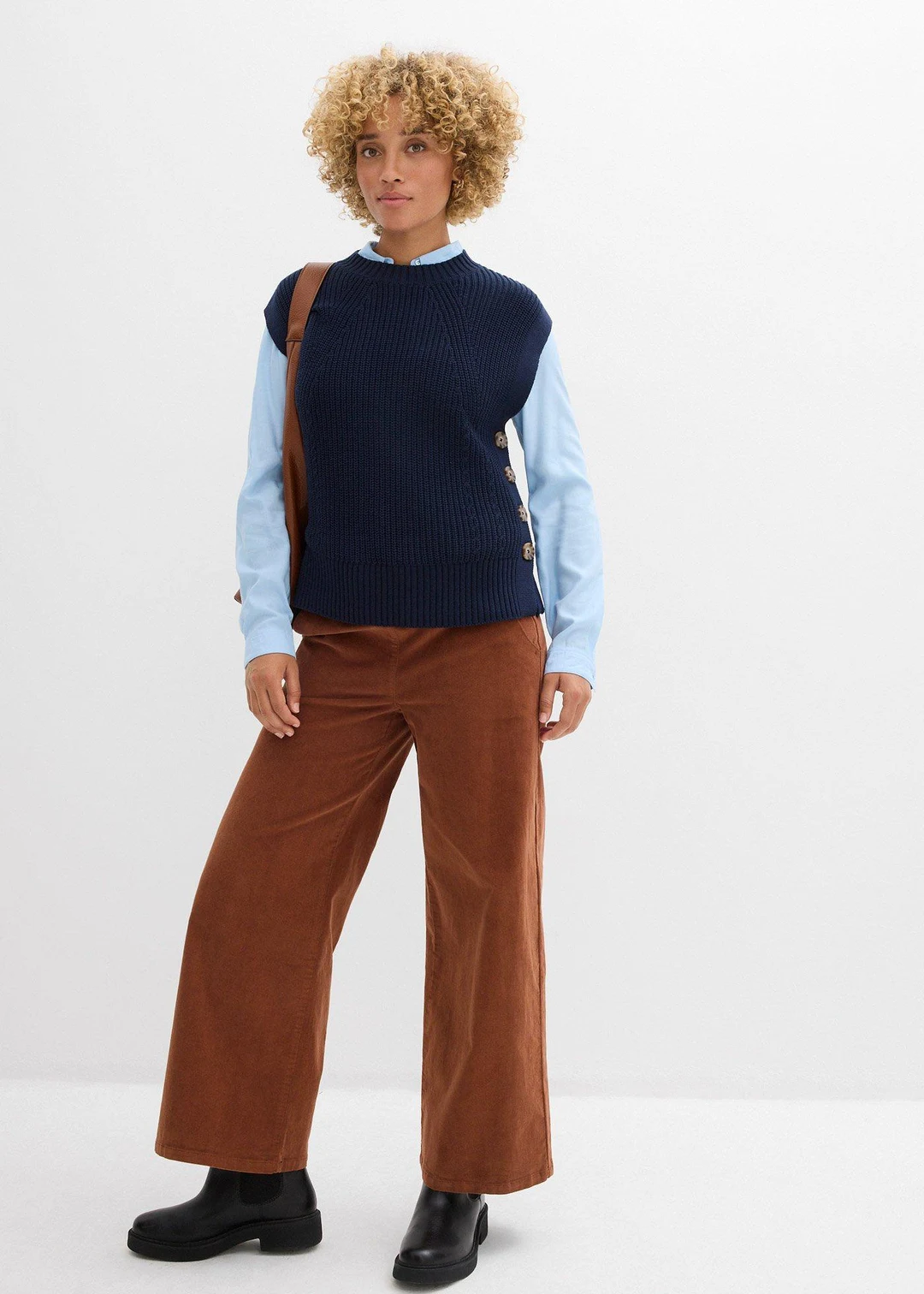 Pantalon en velours côtelé, taille haute élastiquée - 2