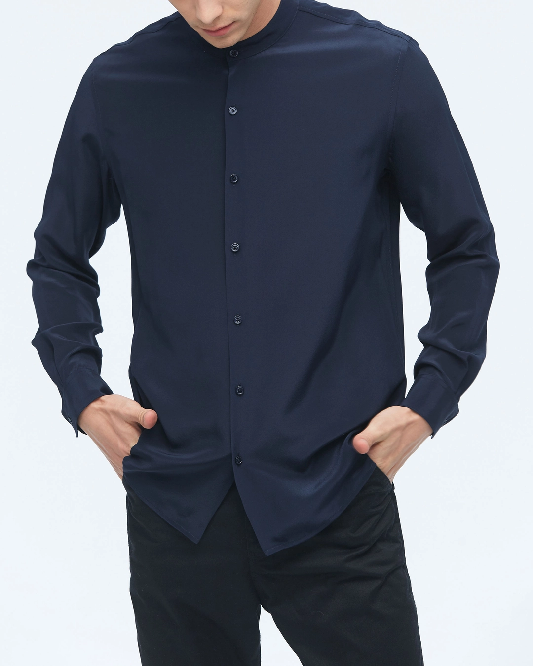 LILYSILK Chemise Soie Homme Bleu Marine Col Montant, Manches Longues 100% Soie Pure Naturellement Antibactérien Chemise M