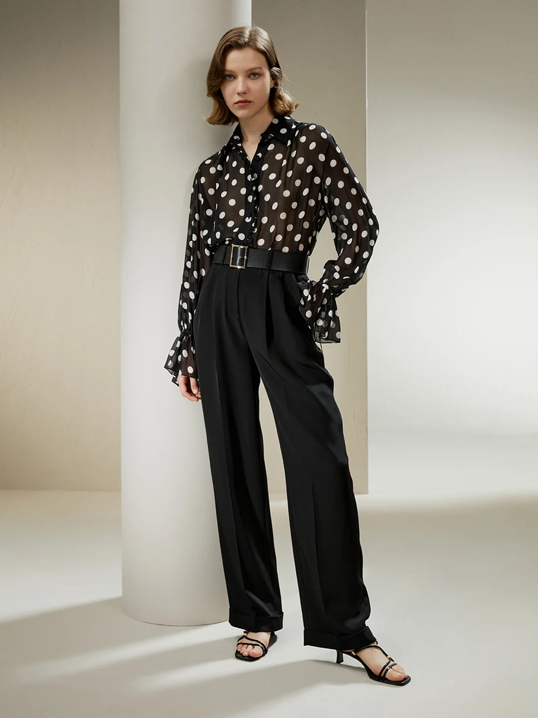 LILYSILK Chemisiers En Soie Femme Point D'Onde Motif À Pois, Manche Trompette Matière Georgette À De Nombreuses Occasions XS