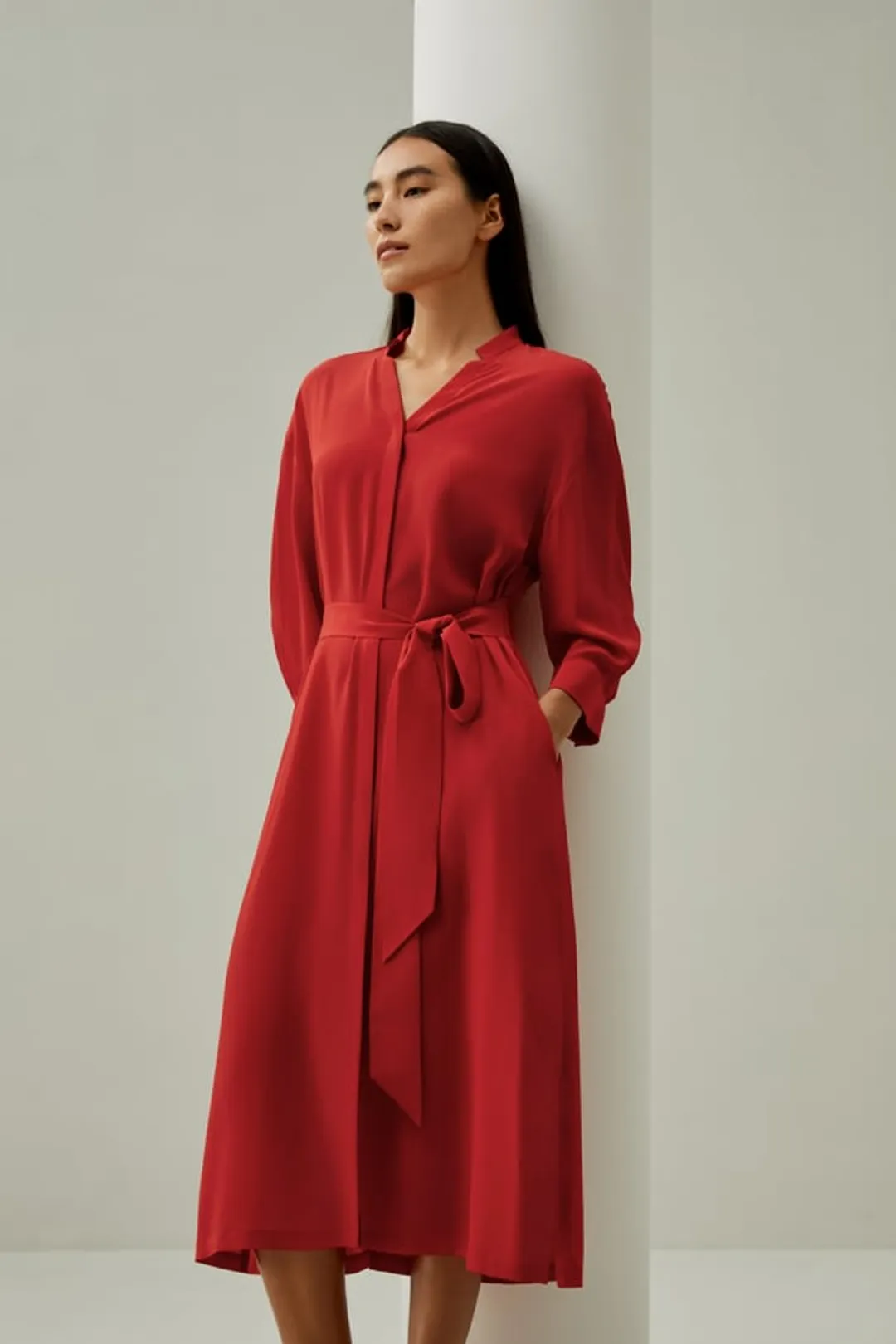 LILYSILK Robe Chemise Soie Bleu Marine S, Col Montant, Poches, Ceinture, Crêpe de Chine