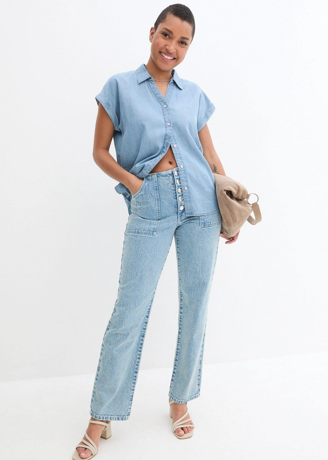 Chemise manches courtes en jean avec lin - 2