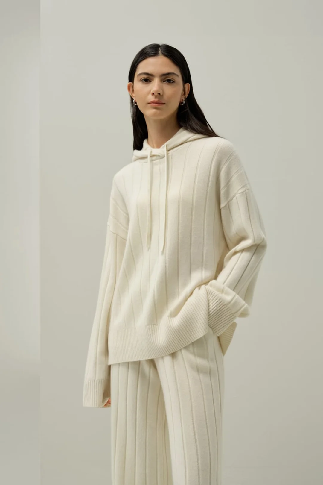 LILYSILK Pull à Capuche Femme 100% Cachemire Oversize en Tricot Côtelé, Blanc, XL