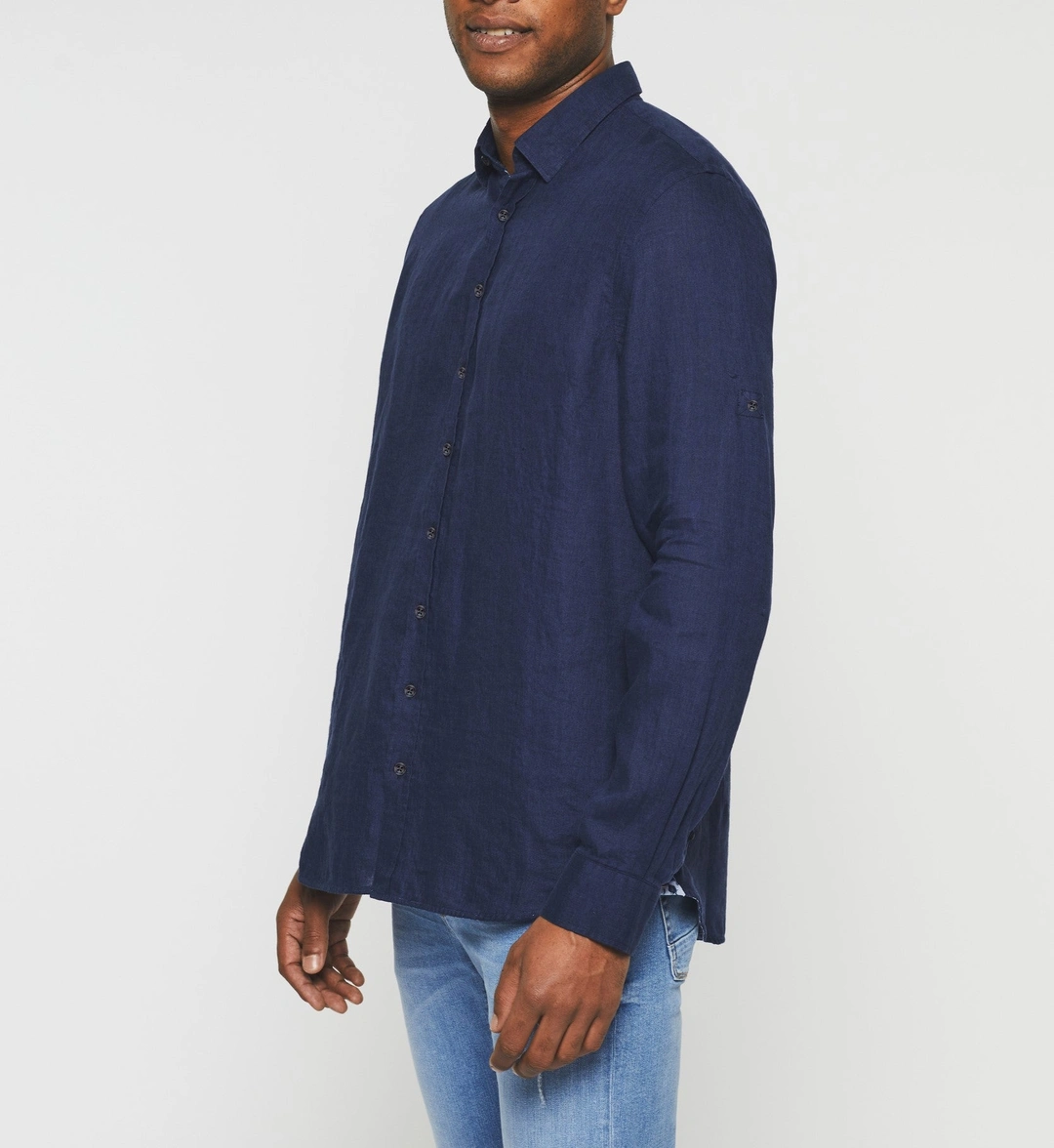 IZAC - Chemise casual en lin et coton marine KISSOUT - 2