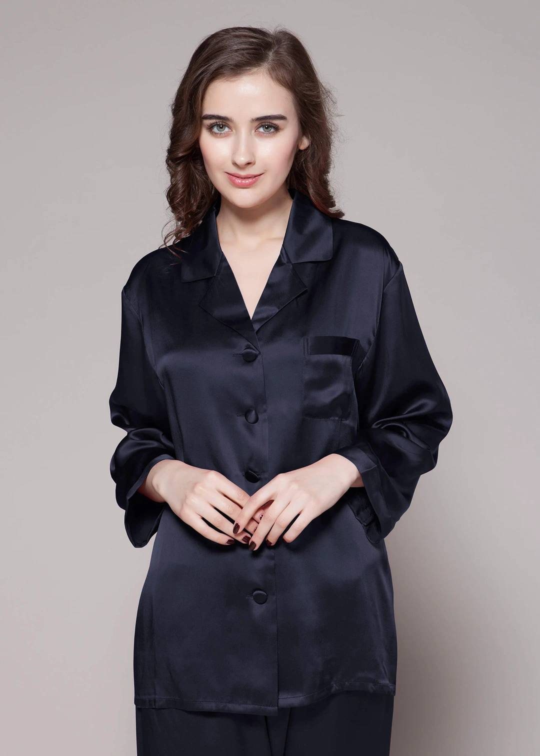 LILYSILK Pyjama Soie Noir Femme Noir Revers Crantés, Boutons Enveloppés De Soie 100% Soie Pure Maintient L'Hydratation Pour Mieux Dormir S