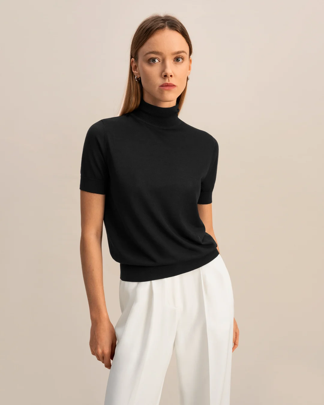 LILYSILK Pull Cachemire Et Soie Femme Col Roulé, Manches Mi-Longues Soie & Cachemire Respirant Super Léger Noir S