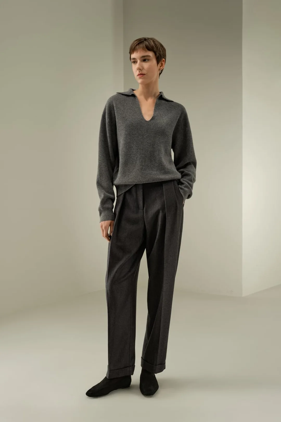 LILYSILK Polo Côtelé Cachemire Femme Tonnerre M - Doux, Léger, Respirant, Col V