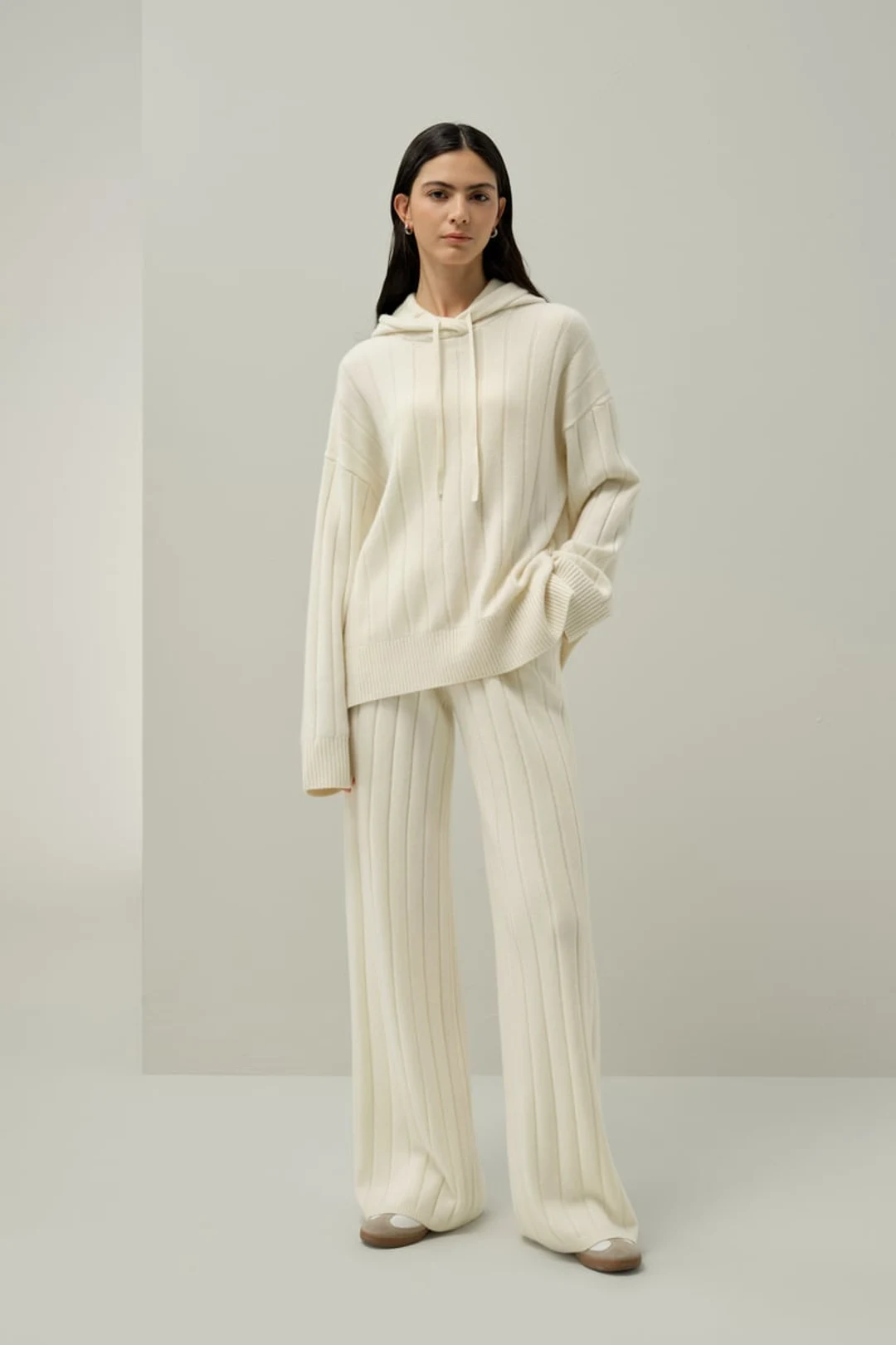LILYSILK Pull à Capuche Femme 100% Cachemire Oversize en Tricot Côtelé, Blanc, XL