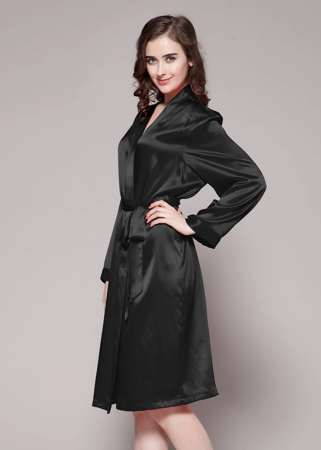 LILYSILK Peignoir Long Soie Femme Noir Banded Cuffs, Ceinture En Soie 100% Soie De Mûrier Bon Rapport Qualité-Prix, Respectueux De La Peau XL