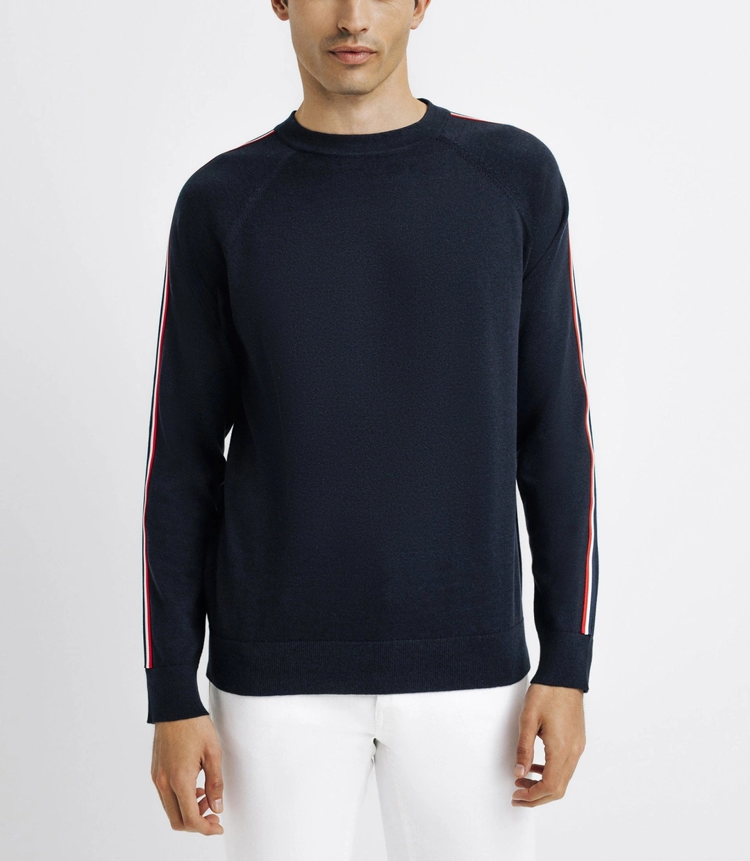 IZAC - Pull col rond avec bande tricolore marine