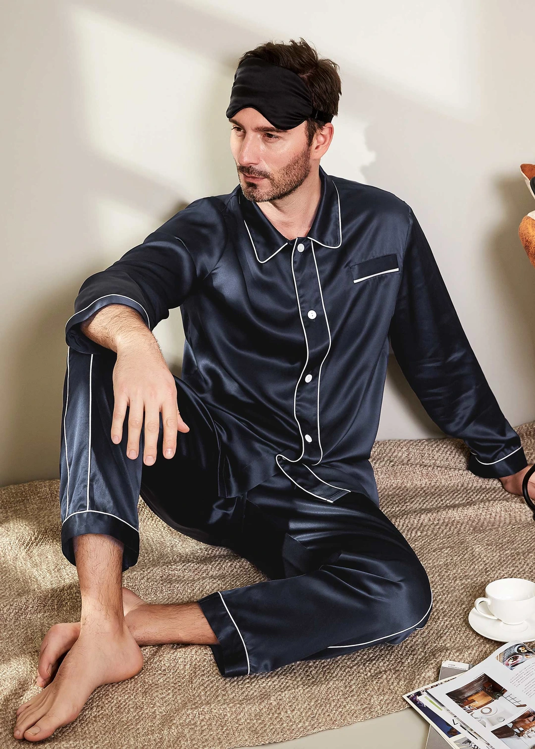 LILYSILK Pyjama En Soie Homme Noir Col À Revers, Boutons En Nacre 100% Soie Naturellement Antibactérien Pyjama XL
