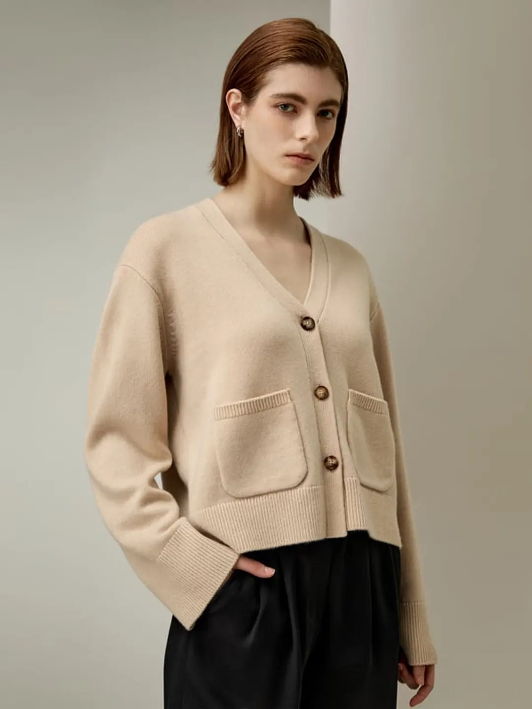 LILYSILK Cardigan Court Poches Avant Mélange Laine-Cahcemire Une Chaleur Et Un Confort Ultimes Sans Produits Chimiques Nocifs Chameau Xs