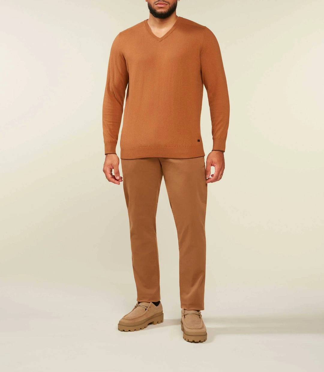 IZAC - Pull col V coton cachemire camel BRENTBT