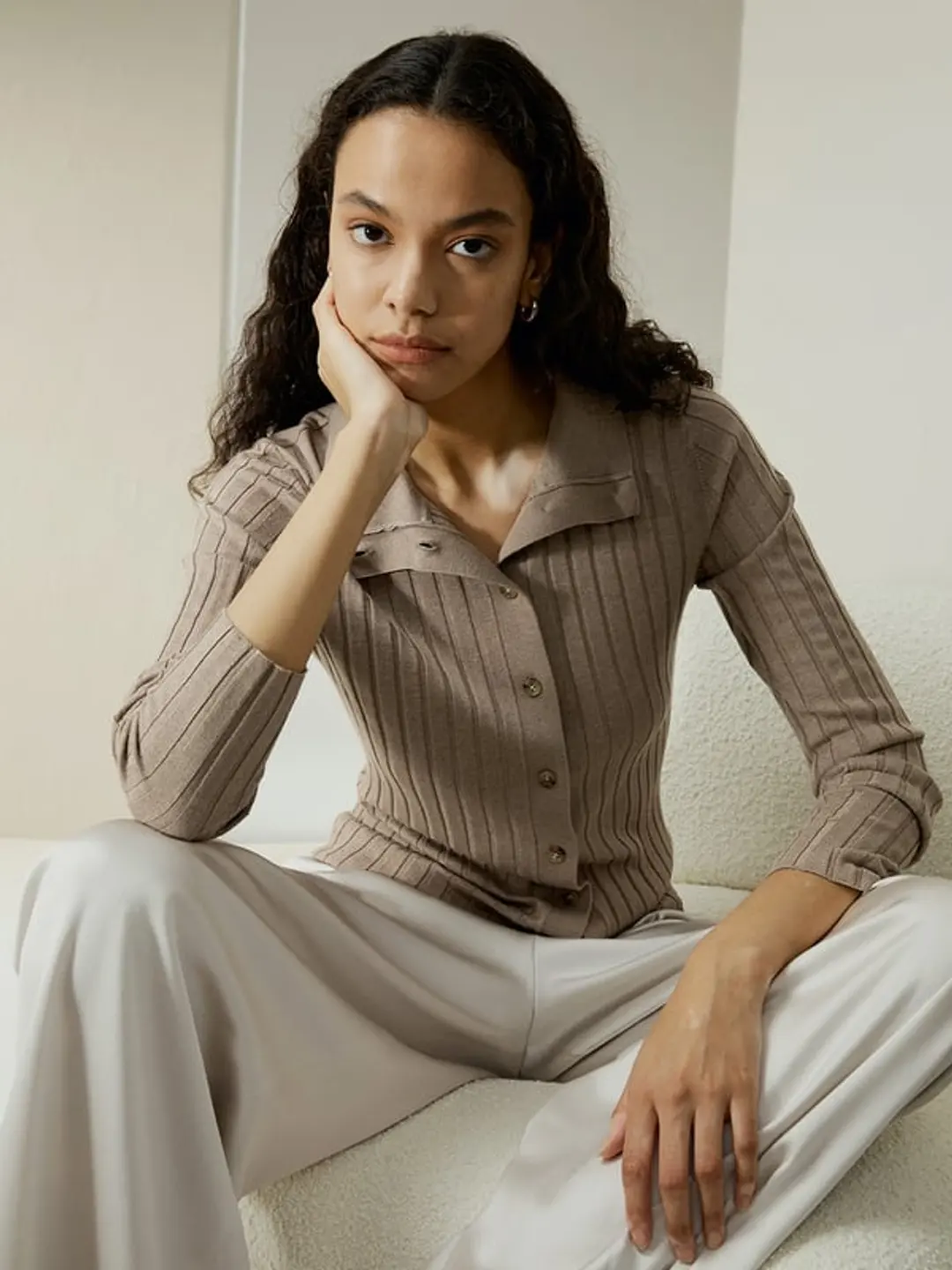 LILYSILK Cardigan Côtelé Soie Cachemire Chameau Foncé L - Doux & Chaud, Coupe Ajustée, Col V