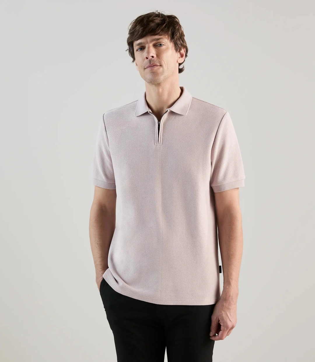 IZAC - Polo col zip en jeu de points mauve gris