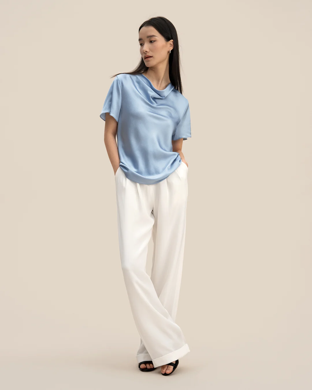 LILYSILK T Shirt En Soie Femme Bleu Ciel Cou De Capot, Ajustement Régulier 100% Soie De Mûrier Super Doux 38