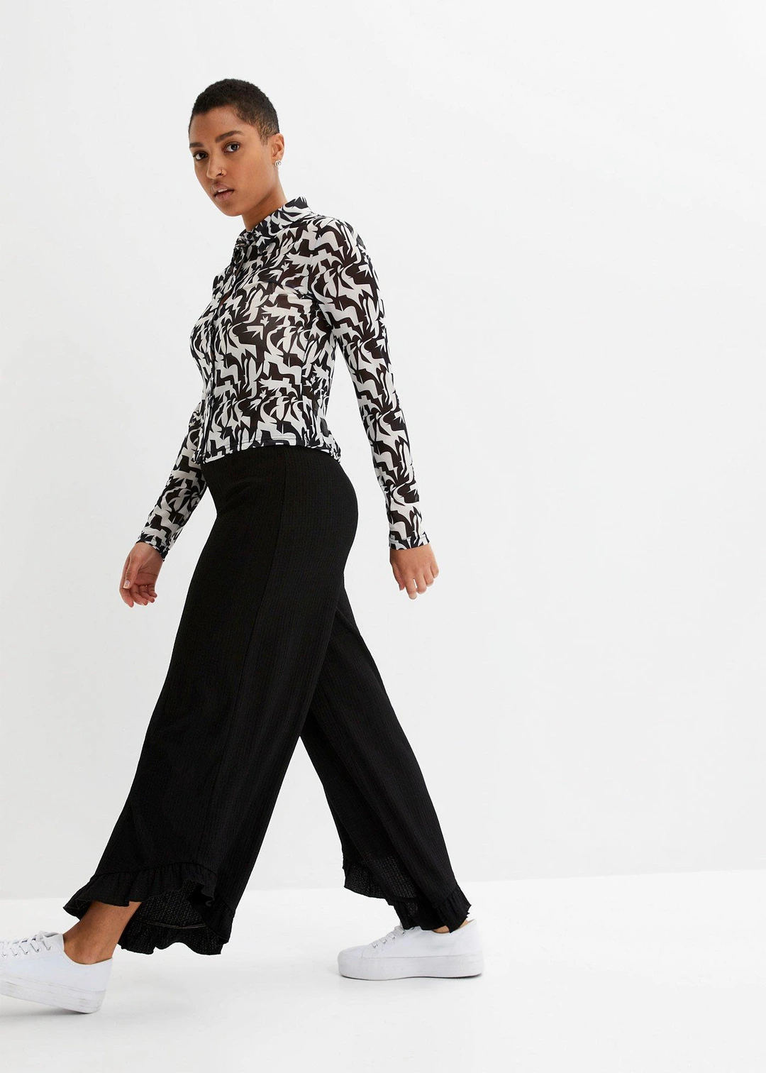 Pantalon en crêpe texturé, taille élastiquée - 2
