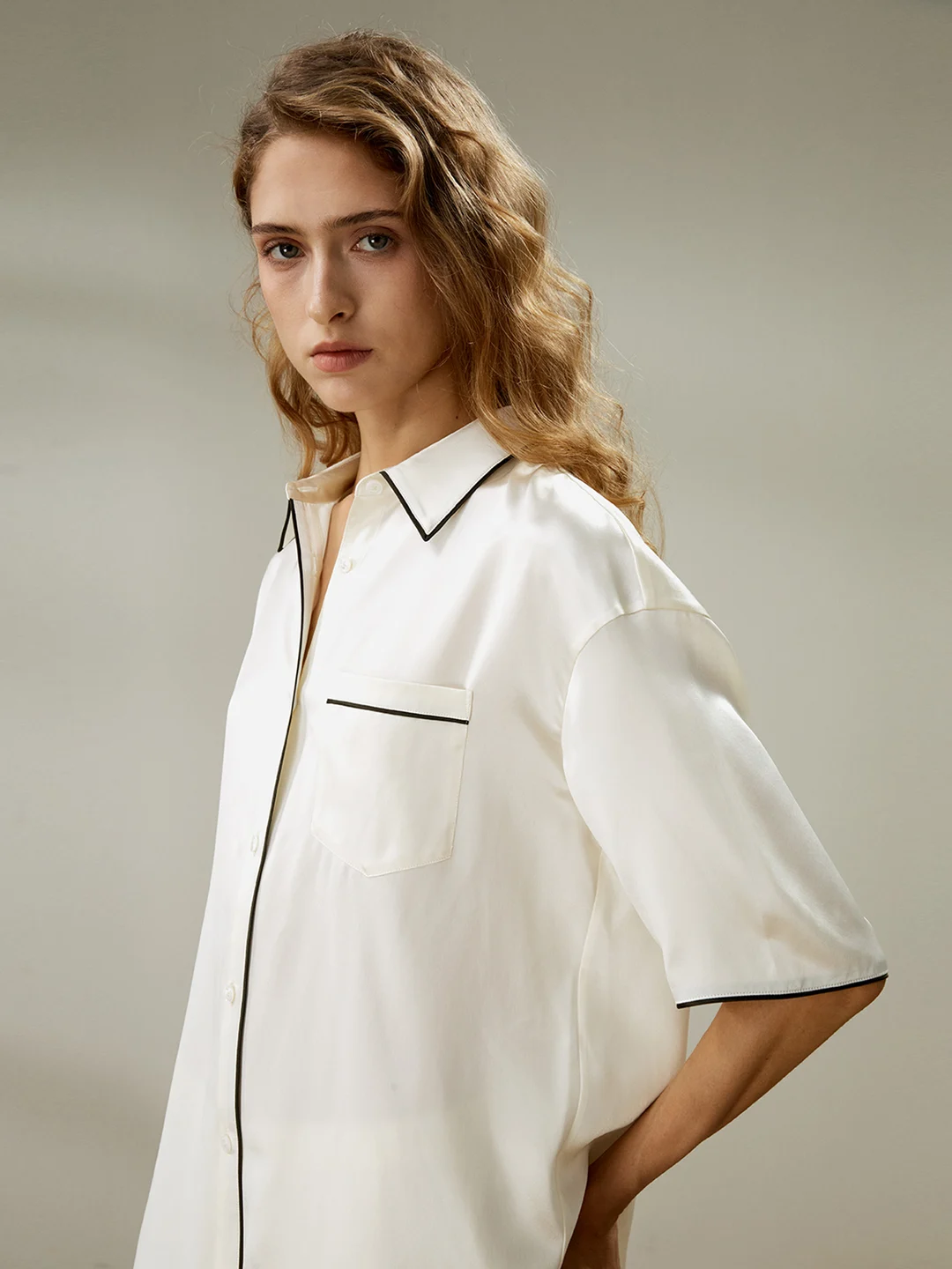 LILYSILK Pyjama Soie Femme Blanc Tuyau Contrasté Coupe Décontractée 100% Soie De Mûrier Respirant Super Léger S