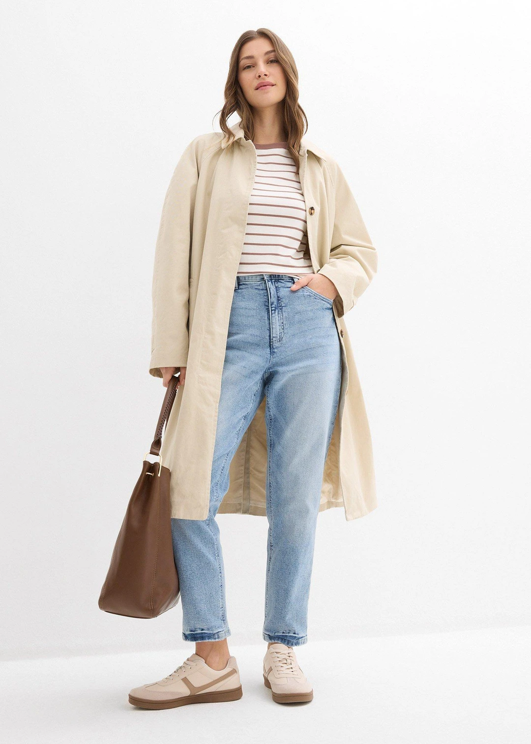 Jean mom taille haute, peu extensible, cropped