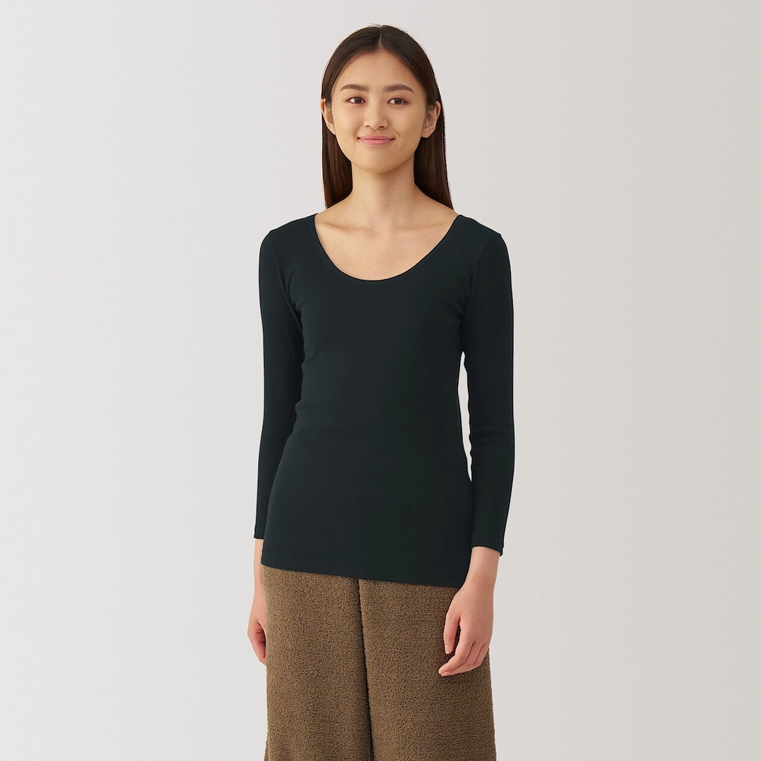 T‐shirt manches longues col U en coton chaud pour femme