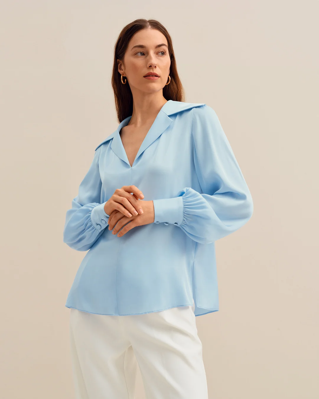 LILYSILK Blouse Soie Femme Col V Profond Bonne Extensibilité Chemisier Pull-Over Chemises Bleu Clair L