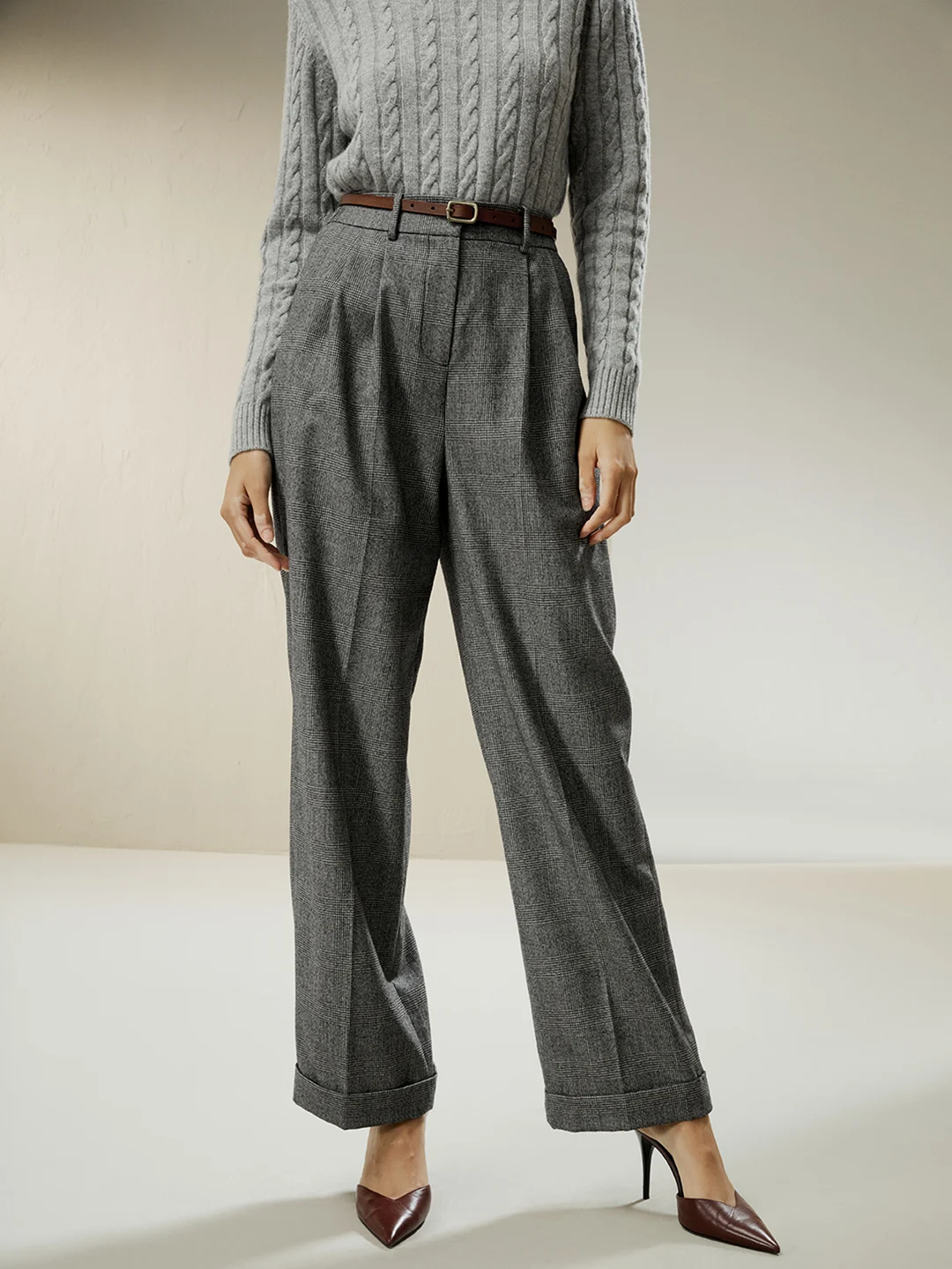 LILYSILK Pantalon Femme Glen Plaid Large Ourlet Et Motif À Carreaux 100% Laine Convient Pour Les Occasions Décontractées Et Professionnelles 44
