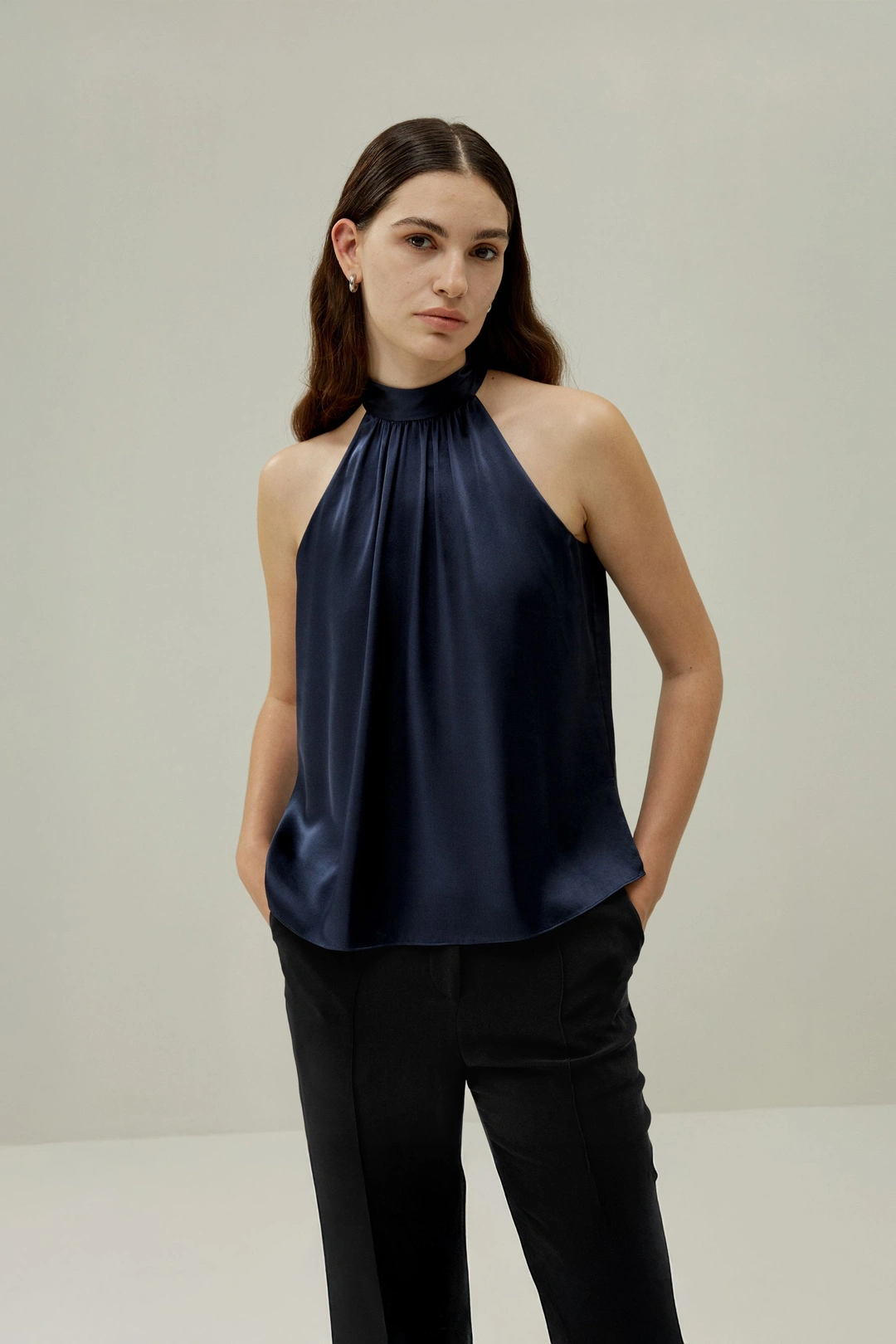 LILYSILK Top Sans Manches Cravate Dos Nu Sans Manches Pure Soie Simple Et Classique Doux Pour La Peau, Confortable Et Durable Bleu Marine Xl