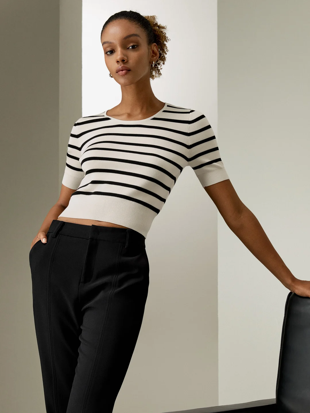 LILYSILK T Shirt En Soie Bleu Marine À Rayures Blanches Col Rond, Coupe Slim 100% Soie Pure Sans Produits Chimiques Nocifs M