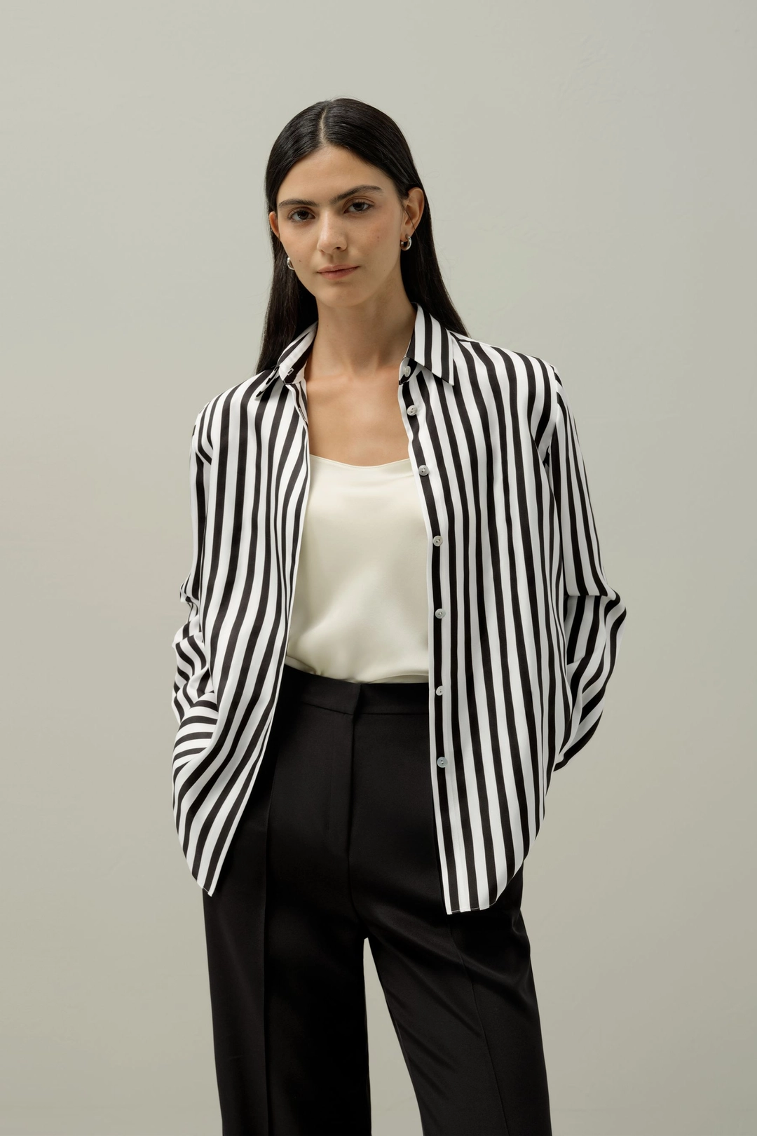 LILYSILK Blouse Soie Femme Lilysilk X Lydia Tomlinson Soie De Haute Qualité Indispensable À Toute Garde-Robe Rayures Noires Et Blanches Xl