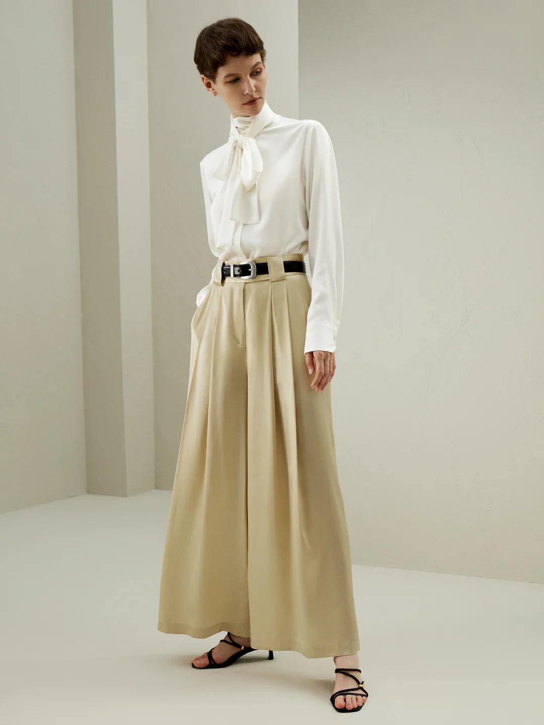 LILYSILK Pantalon Large Soie Femme Beige Jambe Large Avec Un Seul Pli À L'Avant 100% Soie Pure Doux, Lisse Et Brillamment Lustré 46