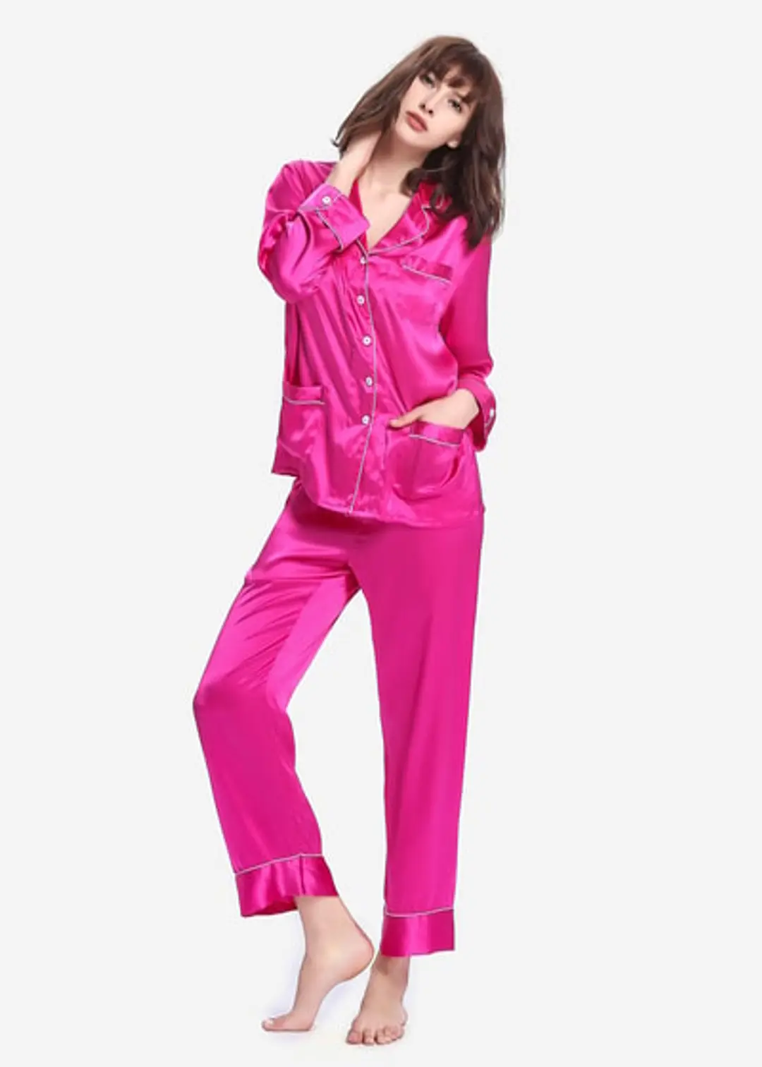 Ensemble Long Pyjama En Soie Liseré Contrastant