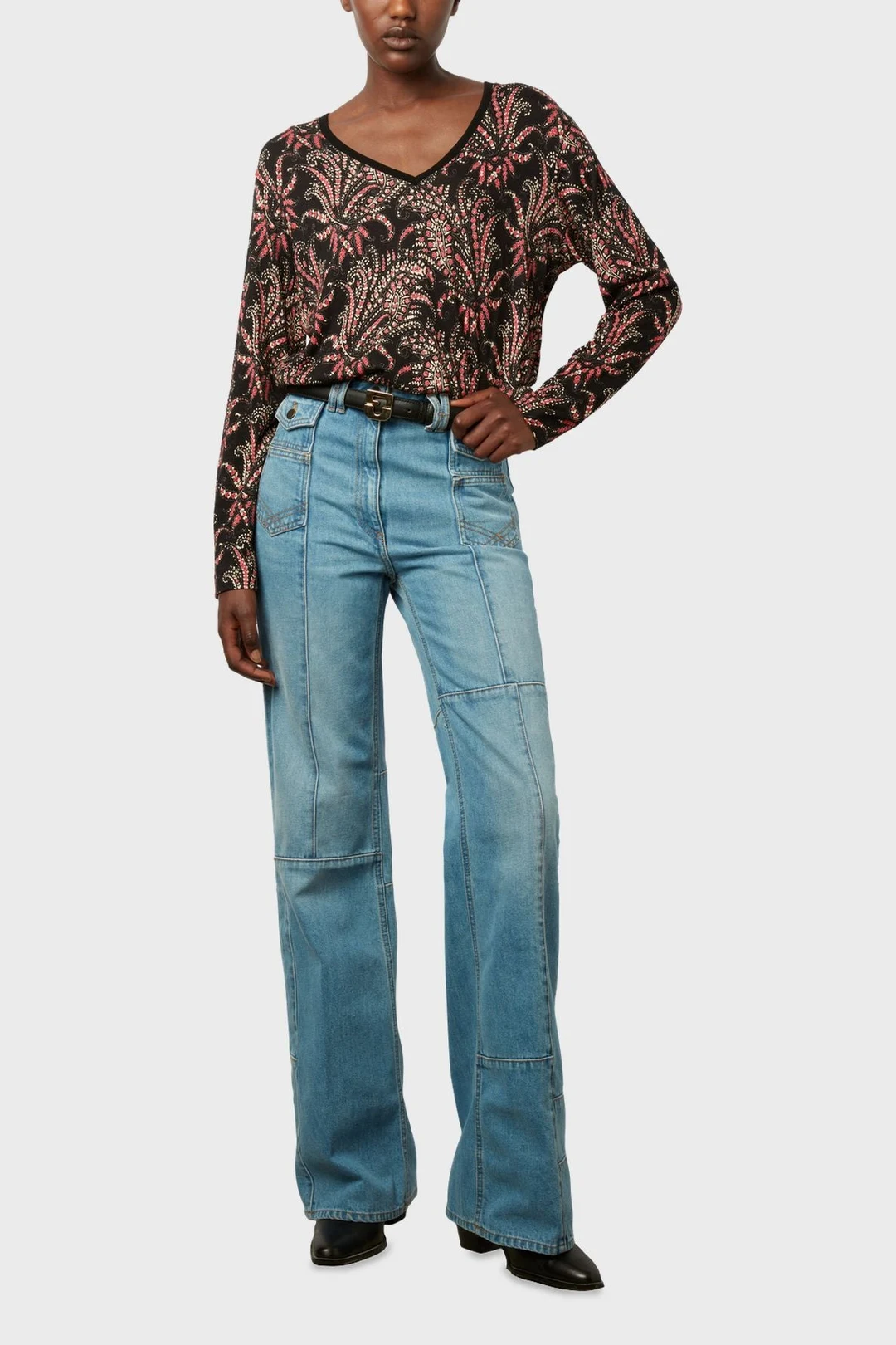 T-shirt imprimé à col V et manches longues - ADELINA - Noir